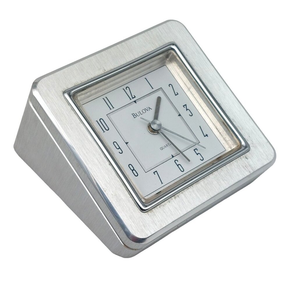 Bulova Desk Clock Paper Weight Silver Finish Quartz Movement